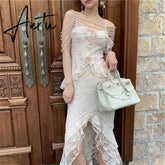 New Summer Women Luxury Floral Lace Pearl Prom Dress Suspenders Diamonds Asymmetrical Dress Ruffles Mermaid Party Feminine Dress Aiertu