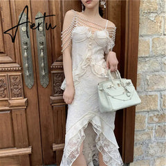 New Summer Women Luxury Floral Lace Pearl Prom Dress Suspenders Diamonds Asymmetrical Dress Ruffles Mermaid Party Feminine Dress Aiertu