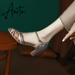 New Summer Women Sandals Party Prom Wedding Pumps Genuine Leather Thin Strap High Heels Fashion Sexy Concise Shoes Woman Aiertu
