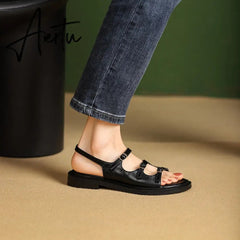 New Summer Women Shoes Open Toe Sandals Genuine Leather Casual Gladiator Retro Sandals Low Heel Shoes Real Leather Shoes Aiertu
