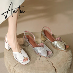 NEW Summer Women Shoes Square Toe Thin Heel Women Sandals Cow Leather High Heels Solid Party Shoes Lattice Cloth Shoes for Women Aiertu
