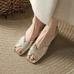 NEW Summer Women Shoes Square Toe Thin Heel Women Sandals Cow Leather High Heels Solid Party Shoes Lattice Cloth Shoes for Women Aiertu