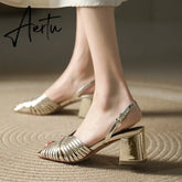 NEW Summer Women Shoes Square Toe Thin Heel Women Sandals Cow Leather High Heels Solid Party Shoes Lattice Cloth Shoes for Women Aiertu