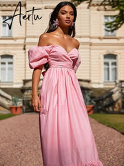 New Summer Women'S Dresses One Word Neck Bubble Short Sleeve Sexy Open Back Solid Color Dress Simple Pastoral Pink Tight Dress Aiertu