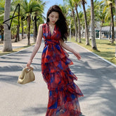 New Summer Women's Midi Beach Floral Dresses Fashion Print Sexy Backless V-Neck Elegant Temperament Ladies Korea Dress Aiertu