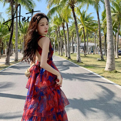 New Summer Women's Midi Beach Floral Dresses Fashion Print Sexy Backless V-Neck Elegant Temperament Ladies Korea Dress Aiertu