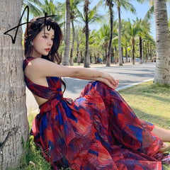 New Summer Women's Midi Beach Floral Dresses Fashion Print Sexy Backless V-Neck Elegant Temperament Ladies Korea Dress Aiertu