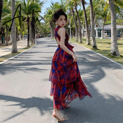 New Summer Women's Midi Beach Floral Dresses Fashion Print Sexy Backless V-Neck Elegant Temperament Ladies Korea Dress Aiertu