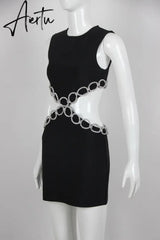 New Summer Women'S Sexy Backless Cut-Out Diamond Luxury Black Tight Mini Dress Elegant Evening Club Party Dress Aiertu