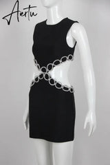 New Summer Women'S Sexy Backless Cut-Out Diamond Luxury Black Tight Mini Dress Elegant Evening Club Party Dress Aiertu