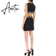 New Summer Women'S Sexy Backless Cut-Out Diamond Luxury Black Tight Mini Dress Elegant Evening Club Party Dress Aiertu