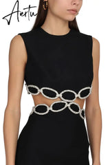 New Summer Women'S Sexy Backless Cut-Out Diamond Luxury Black Tight Mini Dress Elegant Evening Club Party Dress Aiertu