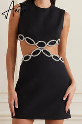 New Summer Women'S Sexy Backless Cut-Out Diamond Luxury Black Tight Mini Dress Elegant Evening Club Party Dress Aiertu