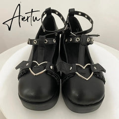 New Sweet Heart Buckle Wedges Mary Janes Women Pink T-Strap Chunky Platform Lolita Shoes Woman Punk Gothic Cosplay Shoes 43 Aiertu