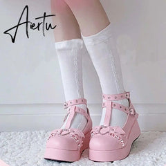 New Sweet Heart Buckle Wedges Mary Janes Women Pink T-Strap Chunky Platform Lolita Shoes Woman Punk Gothic Cosplay Shoes 43 Aiertu