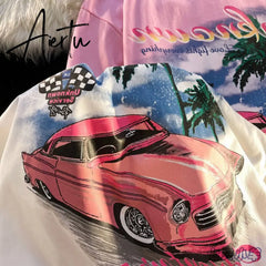 New Sweet Pink Car Print 90s Vintage Graphic T Shirts Hip Hop Women Girls Street Fashion Oversized T-shirt Summer Cotton Y2k Top Aiertu