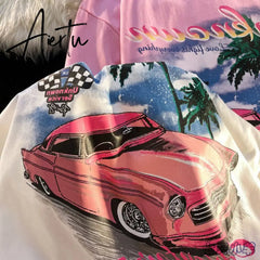 New Sweet Pink Car Print 90s Vintage Graphic T Shirts Hip Hop Women Girls Street Fashion Oversized T-shirt Summer Cotton Y2k Top Aiertu