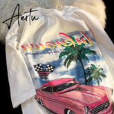 New Sweet Pink Car Print 90s Vintage Graphic T Shirts Hip Hop Women Girls Street Fashion Oversized T-shirt Summer Cotton Y2k Top Aiertu
