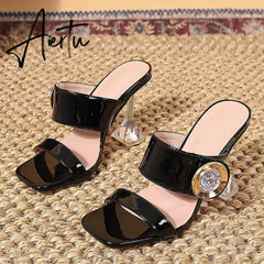 New Transparent Heels 9CM Slippers Outdoor Fashion Metal Crystal Buckle Designer Sandal Women Slides Party Dress Shoe Aiertu
