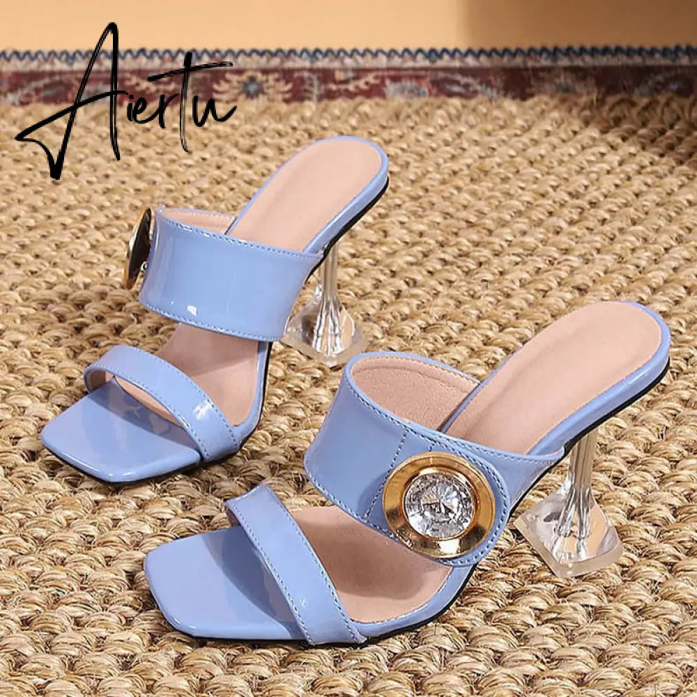 New Transparent Heels 9CM Slippers Outdoor Fashion Metal Crystal Buckle Designer Sandal Women Slides Party Dress Shoe Aiertu