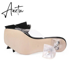 New Transparent Slippers For Women Fashion Silver Crystal Bowknot High Heels Female Mules Slides Summer Sandals Shoes Aiertu