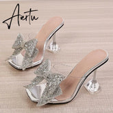 New Transparent Slippers For Women Fashion Silver Crystal Bowknot High Heels Female Mules Slides Summer Sandals Shoes Aiertu