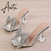 New Transparent Slippers For Women Fashion Silver Crystal Bowknot High Heels Female Mules Slides Summer Sandals Shoes Aiertu