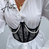 New Vintage Pearls Chain Lace Mesh Girdle Cummerbunds Women's Waist Corsets See Through Push Up Slim Accessories Aiertu