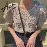 New Vintage Summer Pullover Tops Women Puff sleeve Hollow out shirt Female Retro Perspective Lace blouse Aiertu