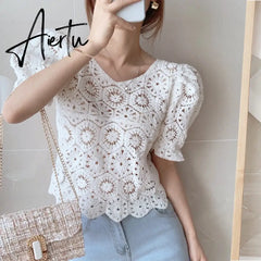 New Vintage Summer Pullover Tops Women Puff sleeve Hollow out shirt Female Retro Perspective Lace blouse Aiertu
