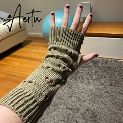 New Warmer Winter Women Gloves Stylish Hand Gloves Girl Arm Crochet Knitting Hollow Heart Mitten Warm Fingerless Gloves Aiertu