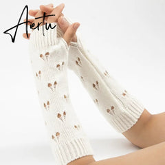New Warmer Winter Women Gloves Stylish Hand Gloves Girl Arm Crochet Knitting Hollow Heart Mitten Warm Fingerless Gloves Aiertu