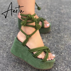 New Wedge Sandals For Women Fashion Cross Tied Ankle Lace-up Platform Shoes Gladiator Heels Ladies Beach Sandals Sandalias Aiertu