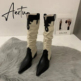 New Western Cowboy Boots Ladies Cowgirl Pointed Toe Denim Winter Women Knee High Boots Long Slip On Pleated Shoes Female Aiertu