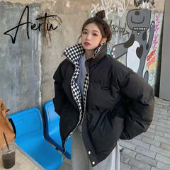 New Winter Down Cotton Jacket Women Zipper Loose Padded Coat Female Solid Thickening Warm Puffer Parkas Jackets Black White Aiertu
