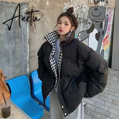 New Winter Down Cotton Jacket Women Zipper Loose Padded Coat Female Solid Thickening Warm Puffer Parkas Jackets Black White Aiertu