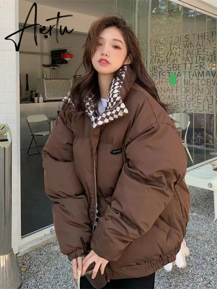 New Winter Down Cotton Jacket Women Zipper Loose Padded Coat Female Solid Thickening Warm Puffer Parkas Jackets Black White Aiertu
