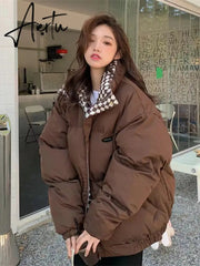 New Winter Down Cotton Jacket Women Zipper Loose Padded Coat Female Solid Thickening Warm Puffer Parkas Jackets Black White Aiertu