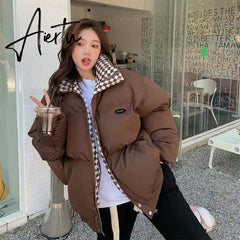 New Winter Down Cotton Jacket Women Zipper Loose Padded Coat Female Solid Thickening Warm Puffer Parkas Jackets Black White Aiertu