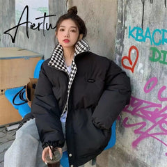 New Winter Down Cotton Jacket Women Zipper Loose Padded Coat Female Solid Thickening Warm Puffer Parkas Jackets Black White Aiertu