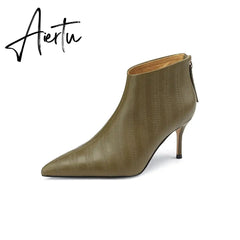 New Women ankle boots natural leather 22-24.5cm Embossed Fetal cowhide full leather modern boots high heel short boots Aiertu