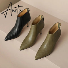 New Women ankle boots natural leather 22-24.5cm Embossed Fetal cowhide full leather modern boots high heel short boots Aiertu