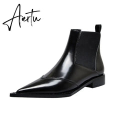 New Women Ankle Boots plus size 22-26.5cm Cow patent leather Chelsea boots Low-heeled fashion all-match black boots Aiertu