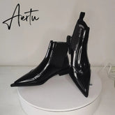 New Women Ankle Boots plus size 22-26.5cm Cow patent leather Chelsea boots Low-heeled fashion all-match black boots Aiertu