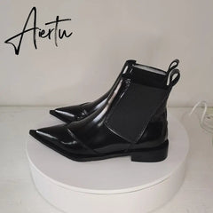 New Women Ankle Boots plus size 22-26.5cm Cow patent leather Chelsea boots Low-heeled fashion all-match black boots Aiertu