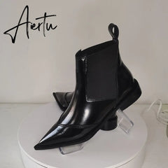 New Women Ankle Boots plus size 22-26.5cm Cow patent leather Chelsea boots Low-heeled fashion all-match black boots Aiertu