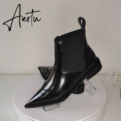 New Women Ankle Boots plus size 22-26.5cm Cow patent leather Chelsea boots Low-heeled fashion all-match black boots Aiertu