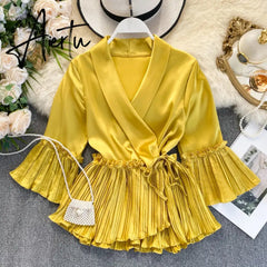 New Women Blouse V-neck Poplin Three Quarter Flare Sleeves Slim Blouse Ladies Casual Flounced Solid Draped Shirt Tops Aiertu
