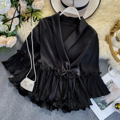 New Women Blouse V-neck Poplin Three Quarter Flare Sleeves Slim Blouse Ladies Casual Flounced Solid Draped Shirt Tops Aiertu