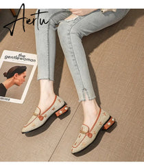 New Women Casual Shoes Pumps Spring Fashion Girl Star Embroidery Pearl Flax Chain High Heel Shoes Slip-on Loafers Aiertu